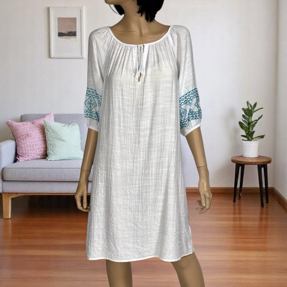 Pioneer Woman White Embroidered Sleeve Peasant Shift Dress S Boho
